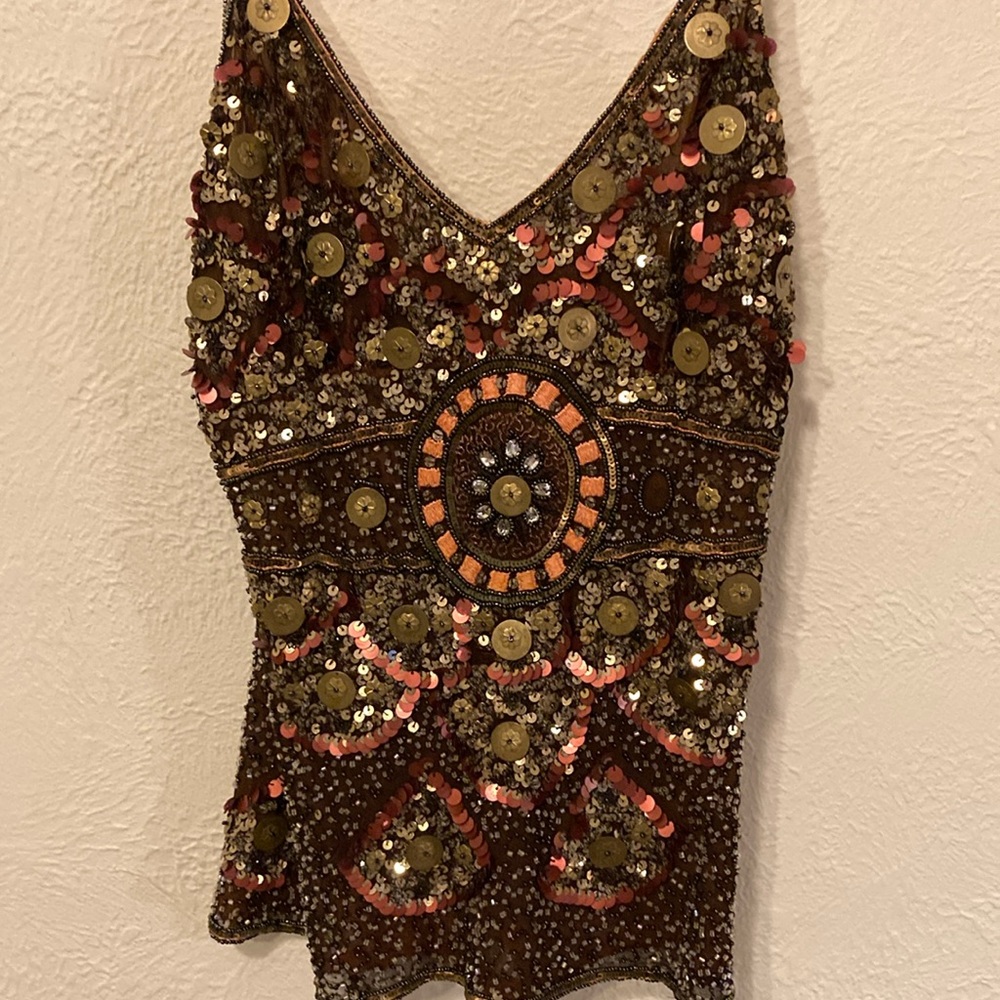 Cache Luxe top beaded sequins embroidered 100% silk linning gypsy party new year